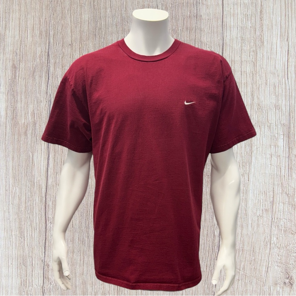 Vintage Y2K Nike Red Burgundy White Check Logo Silver Tag Cotton T-Shirt Size XL